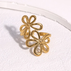 Adjustable warm gold stainless steel ring featuring a stylish dual flower cutout design