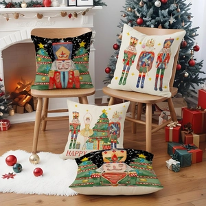Set of 4 Christmas Nutcracker linen pillow covers featuring watercolor holiday patterns