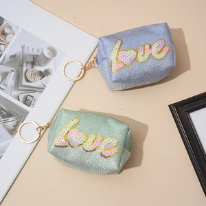 Mini glitter love coin purses with sequins, keychains in purple and green shades