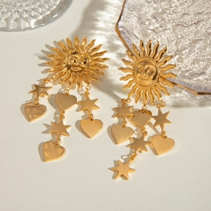 Golden stainless steel sun god earrings with star and heart tassels in a luxury setting