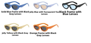 Detailed close-up of retro oval sunglasses in five vibrant colors with thick Y2K temples