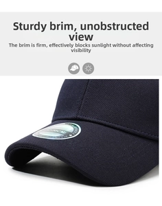 Macro view of navy blue baseball cap brim showing spandex fabric and 57-58cm size sticker