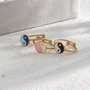 Three 18K gold plated adjustable rings with colorful Tai Chi Yin Yang enamel patterns