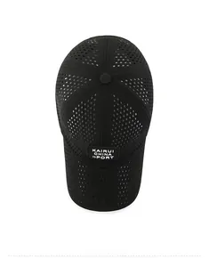 Top down view of breathable black mesh running hat with rectangular sport label