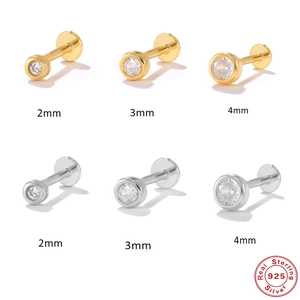 925 Sterling Silver Earring Post Round Solitaire Zirconia Cartilage Stud Flat Back Internal Thread Piercing Jewelry