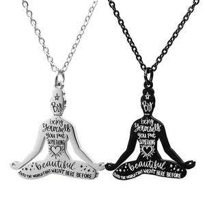 Stainless steel yoga necklace with inspirational quote in silver and black colors