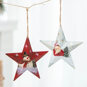 Christmas Pentagram Star Hanging Ornaments Iron Metal Painted Santa Snowman Tree Decor Vintage Rustic Style
