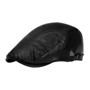Classic black PU leather newsboy cap with adjustable metal buckle on a white background