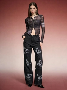 Ensemble haut en tulle à manches longues et jean droit à motif papillon pour femme