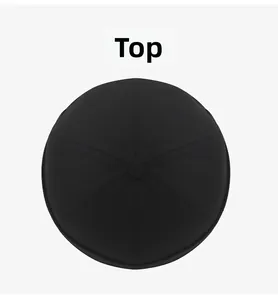 Top view of black cotton miki hat showing six-panel stitching and top button detail