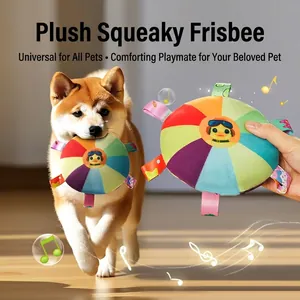 Squeaky Plush Dog Toy Interactive Frisbee Round Durable Cotton Rope Teeth Cleaning For Pets Washable Colorful Training