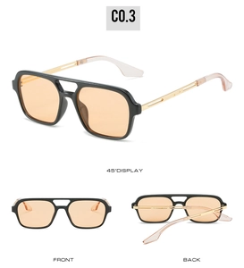 Three-angle views of square pilot sunglasses with double bridge and orange lenses
