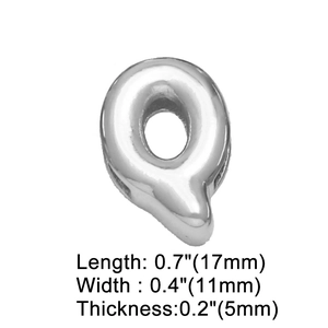 Polished silver letter Q bead for DIY bracelets showing 17mm length and 11mm width dimensions