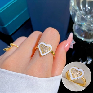 Heart Ring Gold Plated Alloy With White Enamel And Zircon Rhinestone Open Adjustable Sweet Jewelry For Women