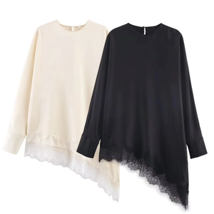 Blouse En Satin Pour Femmes Manches Longues Ourlet Asymétrique En Dentelle Col Rond Haut Décontracté Élégant Chic