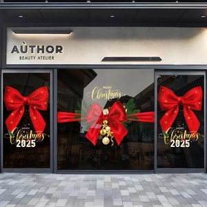 Christmas 2025 window decals with red bows and gold ornaments for storefront display