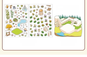Close-up of 3D PET park stickers featuring cats, foxes, and trees for DIY scrapbooking