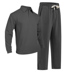 Men's dark grey long sleeve polo shirt and pants set with waffle knit texture fabric