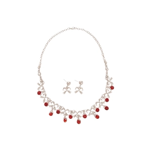 Elegant silver jewelry set with red teardrop gems and crystal bowknot necklace and earrings