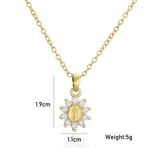 Religious Virgin Mary pendant necklace in gold with zircon sunflower frame, 1.9x1.1cm
