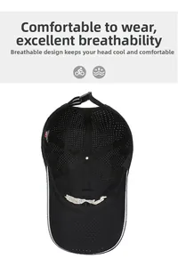 Detail of breathable black mesh cap with moisture-wicking sweatband and reflective trim