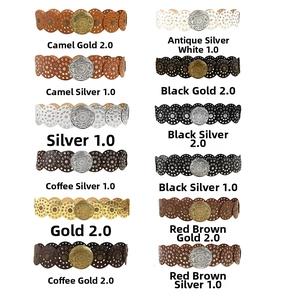 Detail showing vintage bohemian style belts with large metallic buckles in 12 color variants