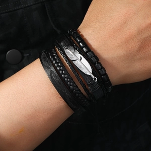 Men's layered leather bracelet set featuring black beads and silver feather charm