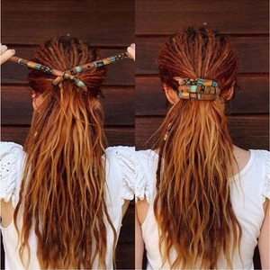 Close-up showing the ethnic pattern fabric and flexible spiral design for dreadlocks