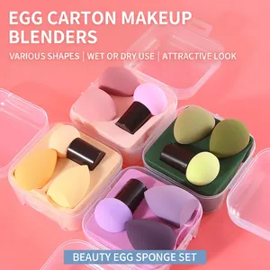 3-piece makeup sponge set with water-drop, oblique and handle blenders in a clear box