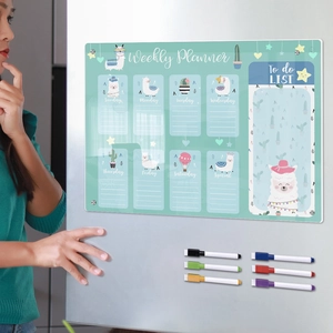 Acrylic magnetic weekly planner with alpaca prints and 6 colorful markers for fridge