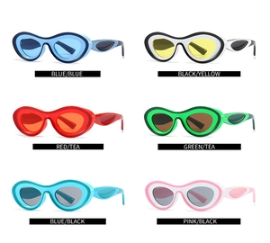 Grid display showing six vibrant color variants of modern wide-frame fashion sunglasses
