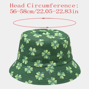 Detail view of foldable clover bucket hat with 56-58cm head circumference size specs