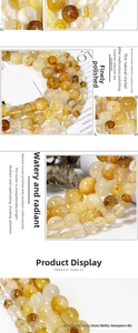 Macro detail of polished natural yellow crystal beads showing mineral inclusions for DIY