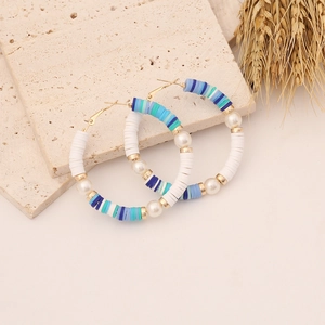Bohemian colorful heishi clay bead hoop earrings with pearls and gold accents