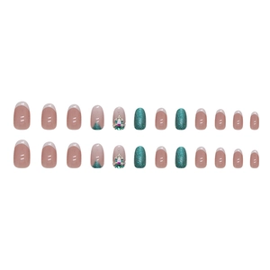 French emerald green oval press-on nails set with glitter accents and rhinestones