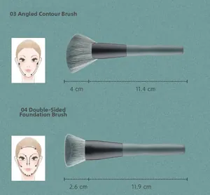 Dimensions détaillées des pinceaux contour et fond de teint vert Morandi à poils doux