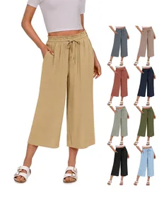 Women Wide Leg Pants Cotton Linen High Waist Elastic Drawstring Casual Loose Cropped Trousers With Pockets Solid Color