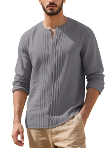 Detail of grey pleated cotton linen Henley shirt featuring a small stand collar with button