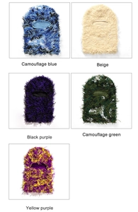 Detailed grid of fuzzy knit Balaclava masks in camouflage, beige, and purple colorways