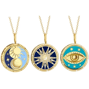 Tarot Card Pendant Necklace Stainless Steel 18K Gold Plated Round Coin Enamel Sun Moon Star Evil Eye Vintage Jewelry Women