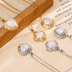 Gold and silver 18K plated necklaces with baroque pearl heart and clover pendants