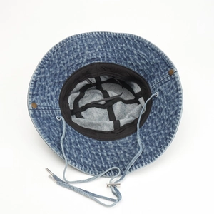 Denim bucket hat for women with washed finish, vintage rivets and adjustable windproof cord