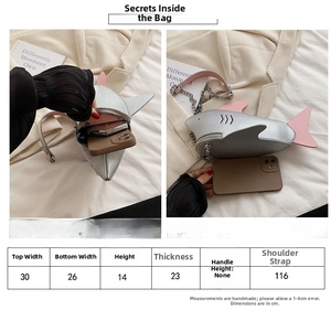 Size chart showing width, height and thickness for dolphin shaped crossbody bag