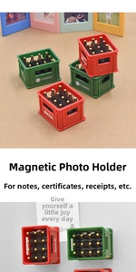 Miniature beer crate fridge magnet holding a photo with strong magnetic force