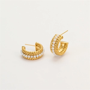 18K gold-plated C-shaped rope chain hoop earrings with elegant pearl inlay for women