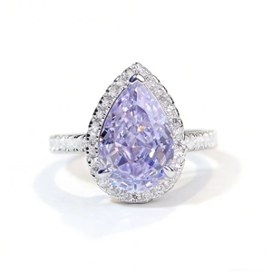 Pear cut lavender purple gemstone ring in S925 sterling silver with halo pave setting