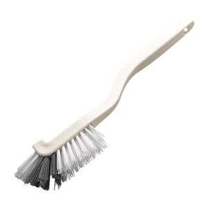Beige ergonomic long-handle cleaning brush with dual-tone stiff bristles for deep cup washing