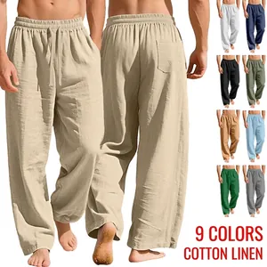 Men Casual Pants Linen Blend Drawstring Elastic Waist Loose Straight Leg Beach Vacation Breathable Solid Color