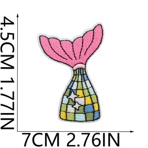 Detailed embroidery patch of a colorful mermaid tail with dimensions 7cm x 4.5cm