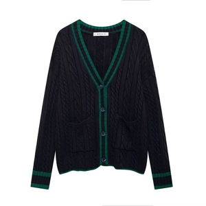 Women cable knit cardigan with deep V-neck and contrast stripes in preppy style